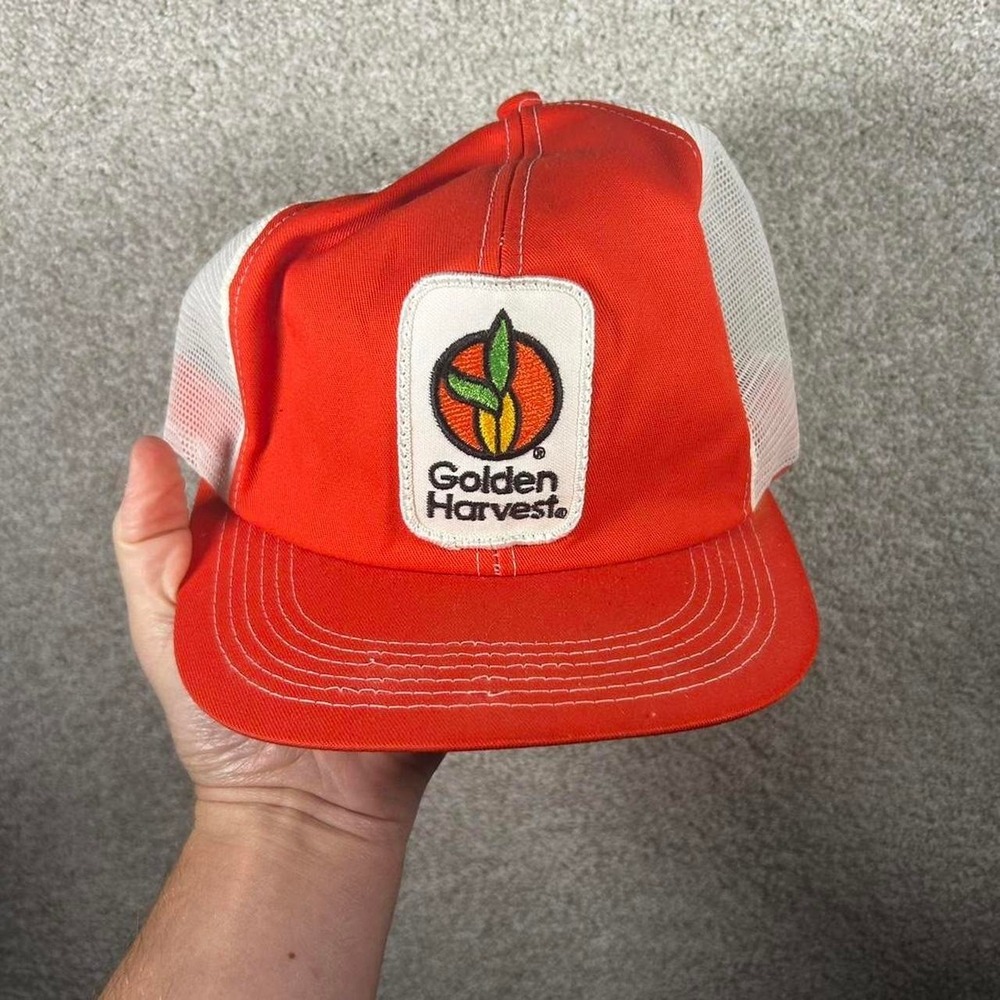 Vintage 80s Garden harvest orange & white mesh farming trucker SnapBack hat cap